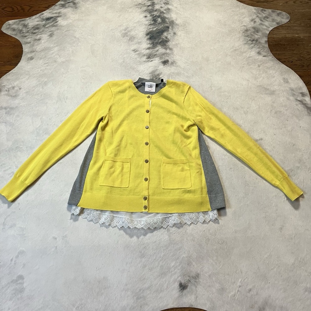 Cabi Mixed Media Colorblock Lace Hem Cardigan Sweater Yellow Gray Women M